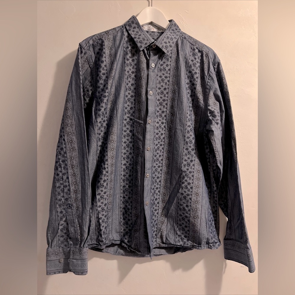 John Lennon Long Sleeve Blue Floral Button Up Dress Shirt XL Peace Boho EUC